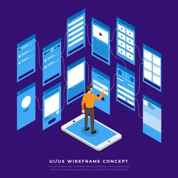 UX UI Flowchart. Mock-ups  mobile application concept isometric flat design. Stock Illustration