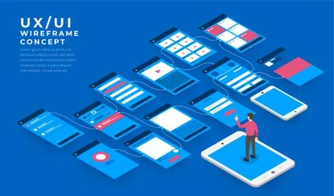 UX UI Flowchart. Mock-ups  mobile application concept isometric flat design. Stock Illustration