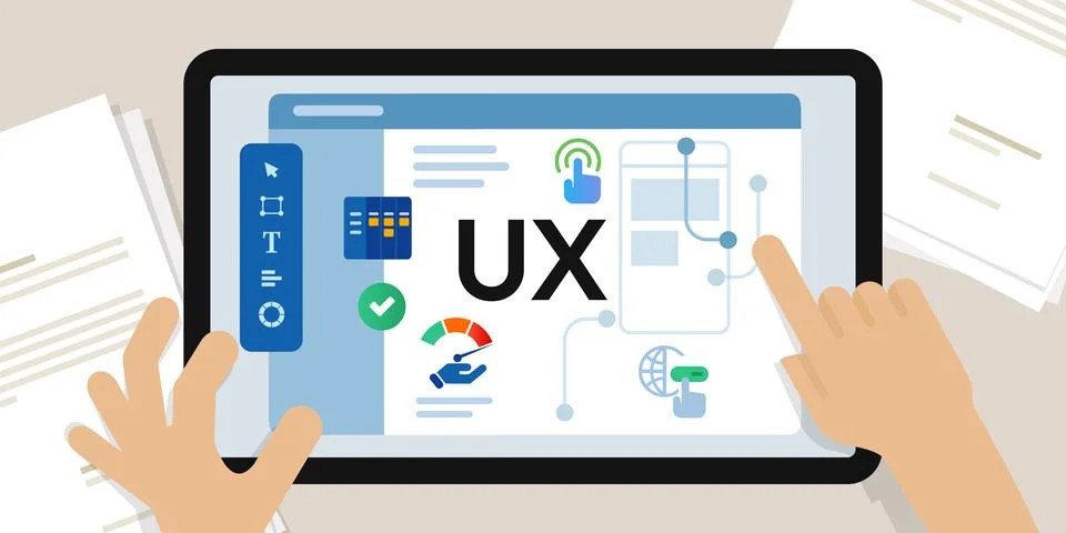 UX user experience design website interaction designer working on screen Stock Illustration