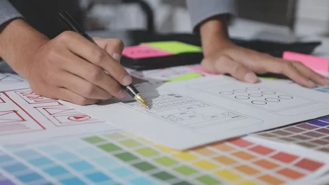 UXUI design brainstorming session with sketches and digital tools Stock Footage 324849031