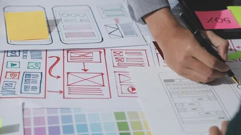 UXUI design brainstorming session with sketches and digital tools Stock Footage 324849035