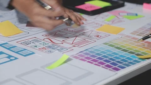 UXUI design brainstorming session with sketches and digital tools Stock Footage 324849044