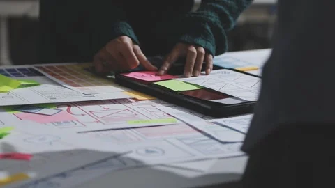 UXUI design brainstorming session with sketches and digital tools Stock Footage 324849160