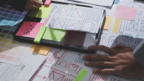 UXUI design brainstorming session with sketches and digital tools Stock Footage 324849179