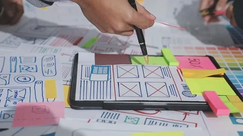 UXUI design brainstorming session with sketches and digital tools Stock Footage 324849180