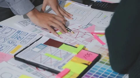 UXUI design brainstorming session with sketches and digital tools Stock Footage 324849226