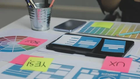 UX/UI designer working on wireframes for a website and mobile app prototype.. Stock Footage 309837525
