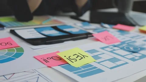 UX/UI designer working on wireframes for a website and mobile app prototype.. Stock Footage 309837541