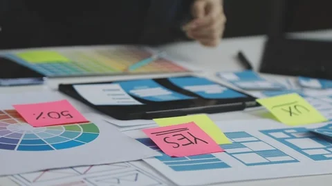 UX/UI designer working on wireframes for a website and mobile app prototype.. Stock Footage 309837559
