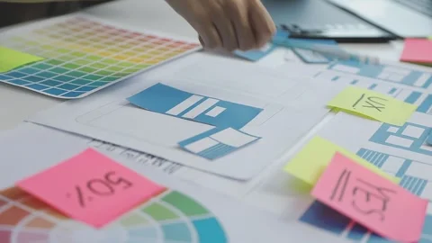 UX/UI designer working on wireframes for a website and mobile app prototype.. Stock Footage 309837589