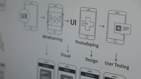 UX/UI designer working on wireframes for a website and mobile app prototype.. Stock Footage 309838284