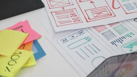 UX/UI designer working on wireframes for a website and mobile app prototype.. Stock Footage 309838302