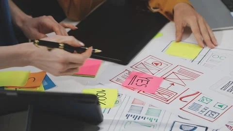 UX/UI designer working on wireframes for a website and mobile app prototype.. Stock Footage 309838340
