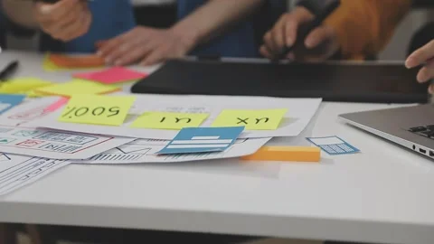 UX/UI designer working on wireframes for a website and mobile app prototype.. Stock Footage 309838349