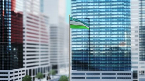 Uzbekistan Flag 3D Render Animation Waving in Front of Modern Glass Building Stock Footage 332954455