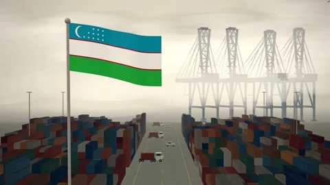 Uzbekistan Flag Flying Over A Container Port Terminal In Morning Haze 스톡 동영상 344470655