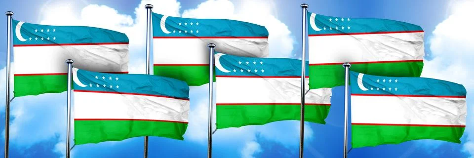 Uzbekistan flags, 3D rendering, on a cloud background Illustrazione stock