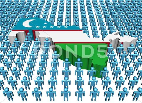 Uzbekistan map flag surrounded by many abstract people illustration Stock Illustration