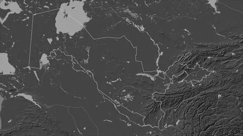 Uzbekistan outlined on a Bilevel elevation map with lakes and rivers Stock Illustration