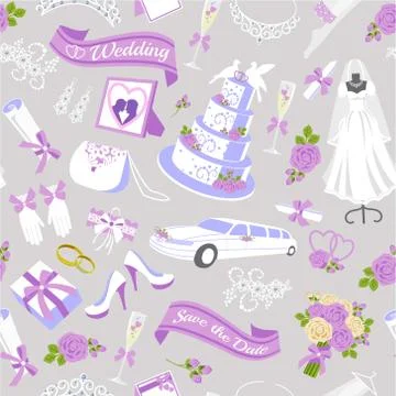 V Bridal showel seamless pattern vector illustration. Beautiful bride, bouquet Stock Illustration