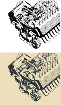 V engine close-up illustrations Stock Illustration