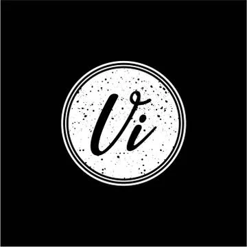 V I Initial Handwriting In Black and White Circle Frame Design Stock Illustration
