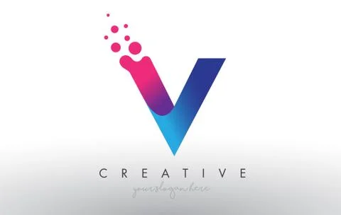 V Letter Design with Creative Dots Bubble Circles and Blue Pink Colors Stock Illustration