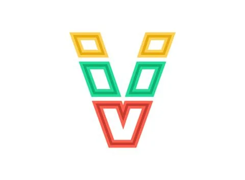 V letter logo, vector outline stroke font. Slice, cut design with red, green, Stock Illustration