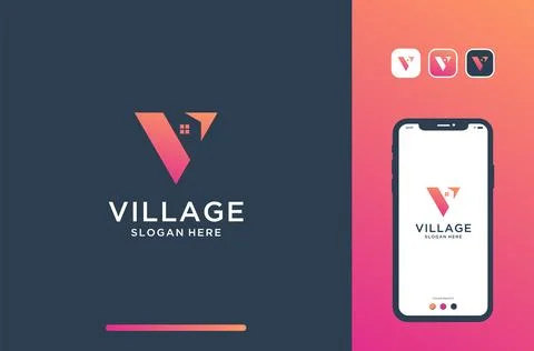 V logo design with negative house space and arrow. Stock Illustration