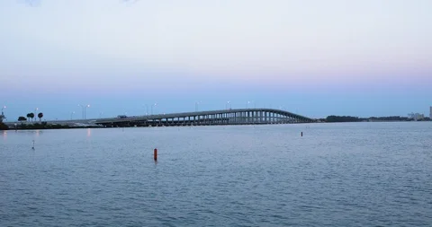V-Shaped Bird Formation Flying Over Miami Bridge At Dawn Stock Footage 106141940