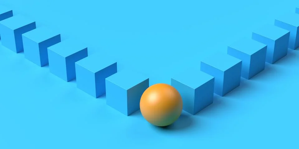 V-shaped group of blue boxes with orange sphere or ball in top position lea.. Stock Illustration
