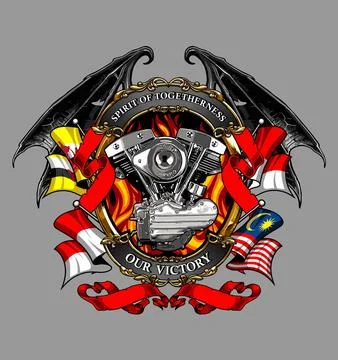 V twin engine in asian flags Illustrazione stock