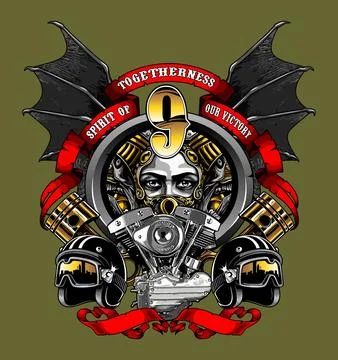 V twin engine with bat wing background Stock Illustration