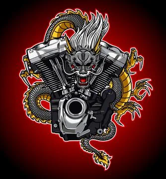 V-twin engine with dragon background Illustrazione stock
