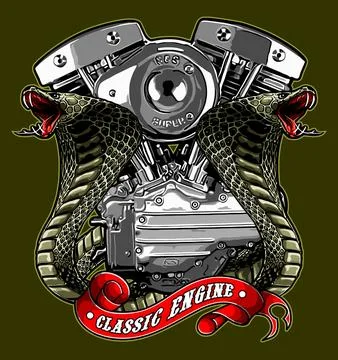 V twin engine flanked by two snakes Stock Illustration