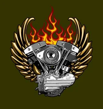 V twin engine with golden wings Illustrazione stock