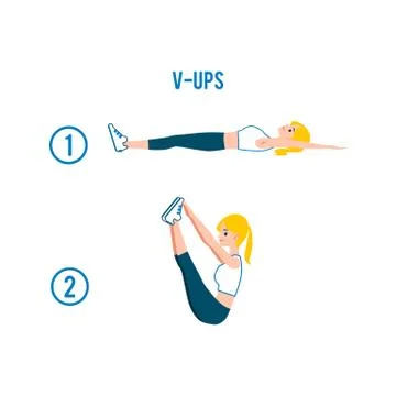 V-ups correct exercise in stages flat vector illustration isolated on white. Illustrazione stock