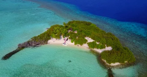 V04372 Aerial flying drone view of Maldives white sandy beach on sunny tropical Stock Footage