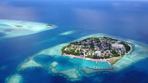 V04523 Aerial flying drone view of Maldives white sandy beach on sunny tropical Stock Footage