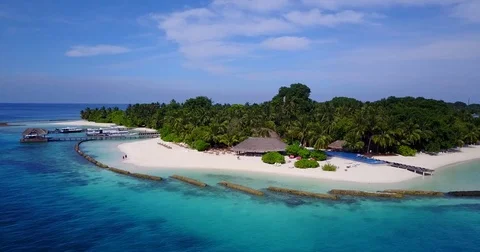 V04576 Aerial flying drone view of Maldives white sandy beach on sunny tropical Stock Footage