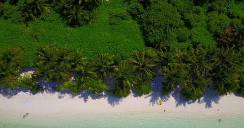 V05231 Aerial flying drone view of Maldives white sandy beach on sunny tropical Stock Footage