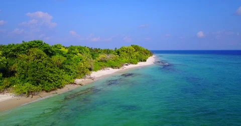 V05237 Aerial flying drone view of Maldives white sandy beach on sunny tropical Stock Footage