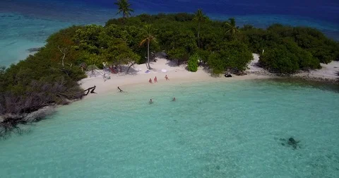 V05797 Aerial flying drone view of Maldives white sandy beach on sunny tropical Stock Footage