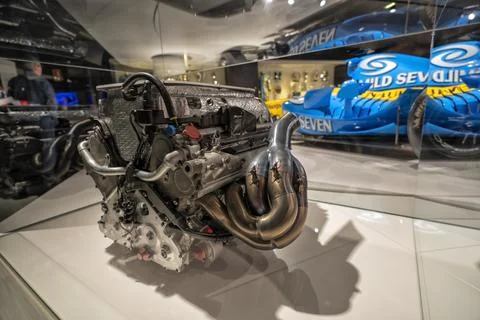 V10 engine of the Renault R25 with which Fernando Alonso won the Formula 1 .. Stock Photos