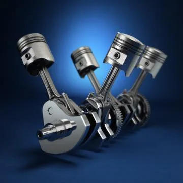 V4 engine pistons and cog on blue background. Stock Illustration