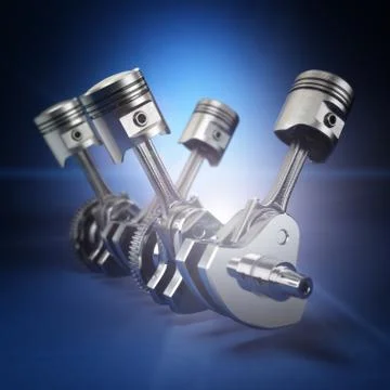 V4 engine pistons and cog on black background. Stock Illustration