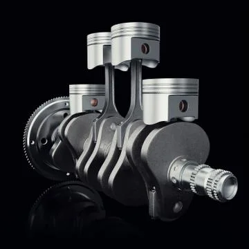 V4 engine pistons and cog on black background. Pistons and crankshaft. Four Stock Illustration