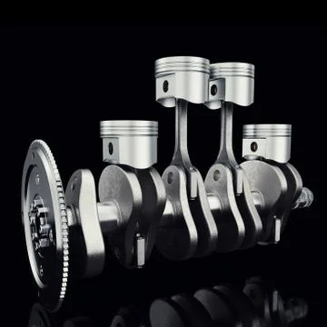 V4 engine pistons and cog on black background. Pistons and crankshaft. Four Stock Illustration