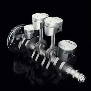 V4 engine pistons and cog on black background. Pistons and crankshaft. Four Stock Illustration