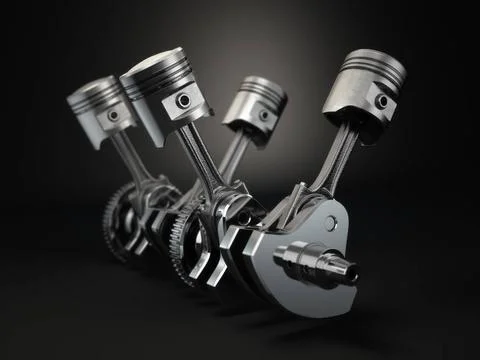 V4 engine pistons and cog on black background. V4 engine pistons and cog o... Stock Photos
